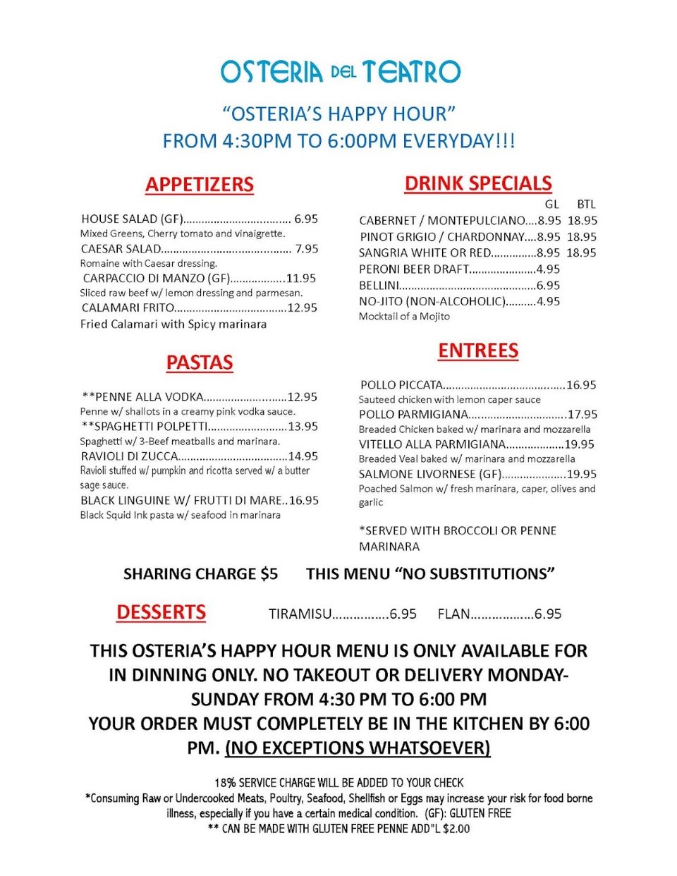 Printed dinner menu for Northern Italian dishes.