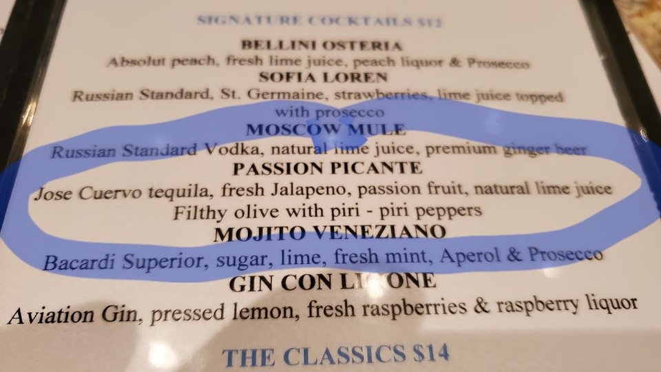 Dinner menu layout with seafood and pasta selections.